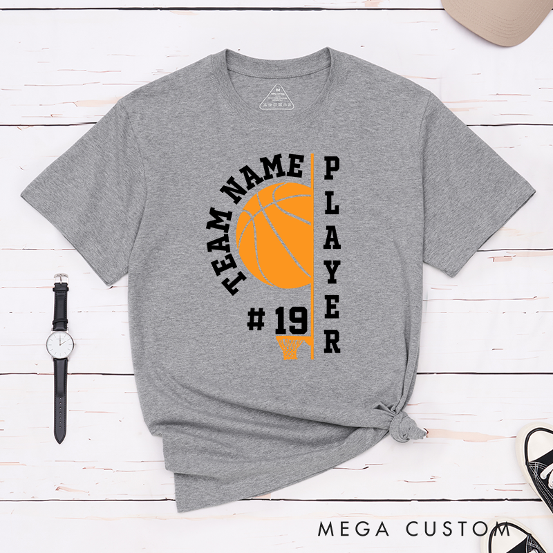 Personalized Basketball T-Shirt with Customizable Team Name, Player Name, Jersey Number, Bold Basketball Graphic, and Modern Vertical Typography Design