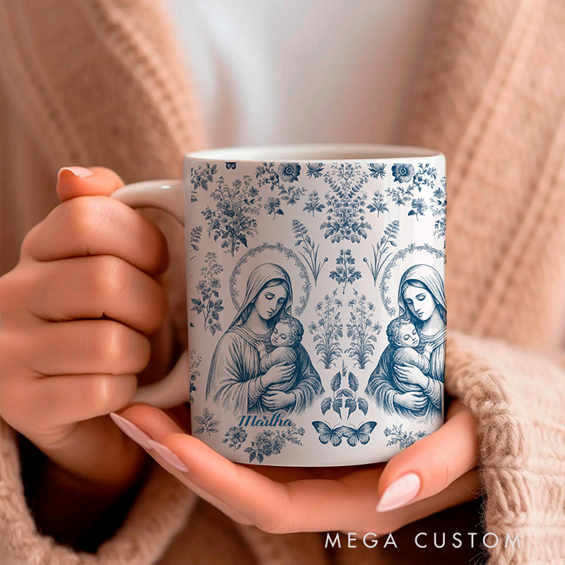 Personalized Virgin Mary & Jesus 11oz 15oz Ceramic Mug with Name French Blue Toile Our Lady Coffee Cup Vintage Floral Catholic Marian Mug Gift for Her