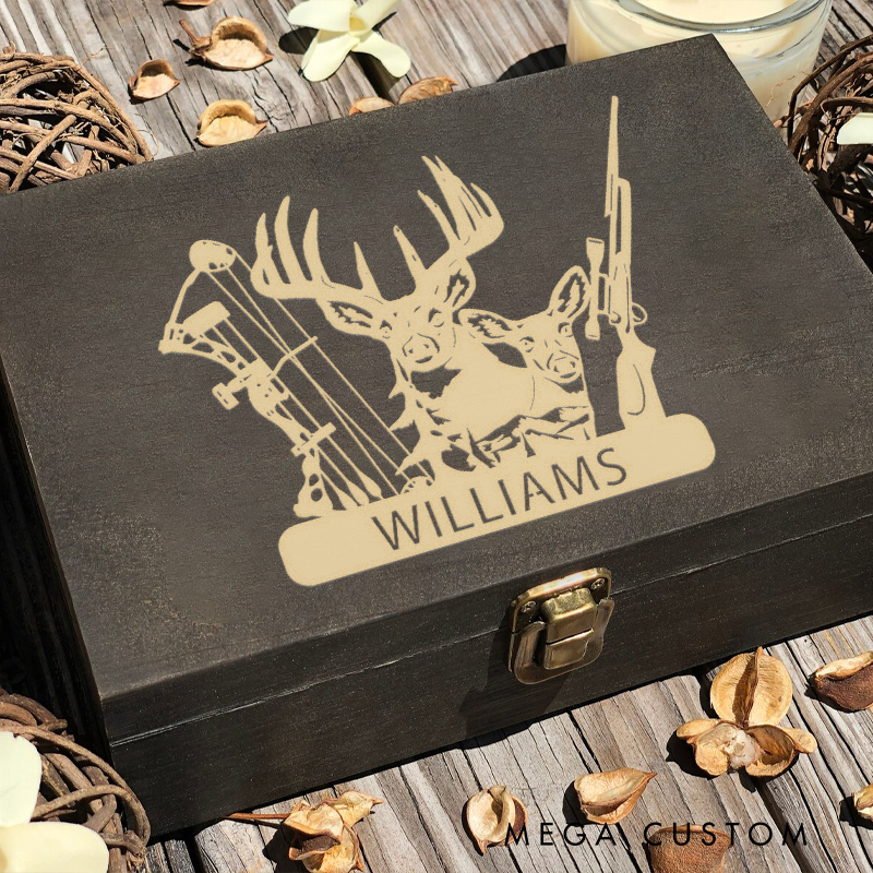 Personalized Deer Hunter Wooden Keepsake Box Engraved Bow and Hunting Rifle Memory Box Gift for Hunting Lover Husband Boyfriend