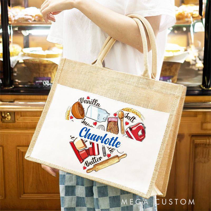Personalized Baking Tools Love Heart Large Capacity Jute Tote Bag with Name Birthday Gift for Cooking Lovers