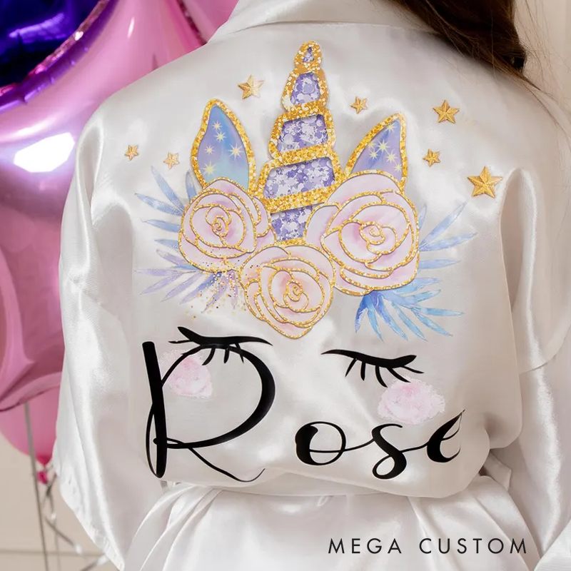 Personalized Unicorn Spa Birthday Party Robes Custom Kids Satin Robes Sleepover Party Robes Girl Robe Birthday Gift