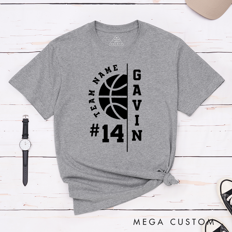 Personalized Basketball T-Shirt with Custom Team Name, Player Name, Jersey Number, and Bold Basketball Graphic
