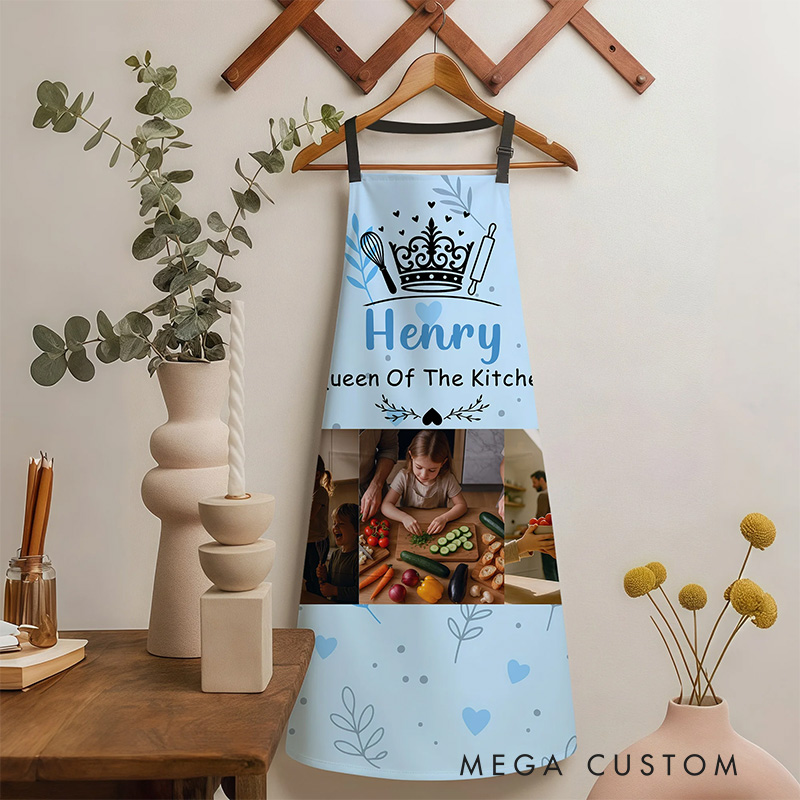 Personalized Crown Heart-Shaped Prints 3 Photos Waterproof Adjustable Apron with Name and Pockets Mother's Day Birthday Gift for Mom Grandma