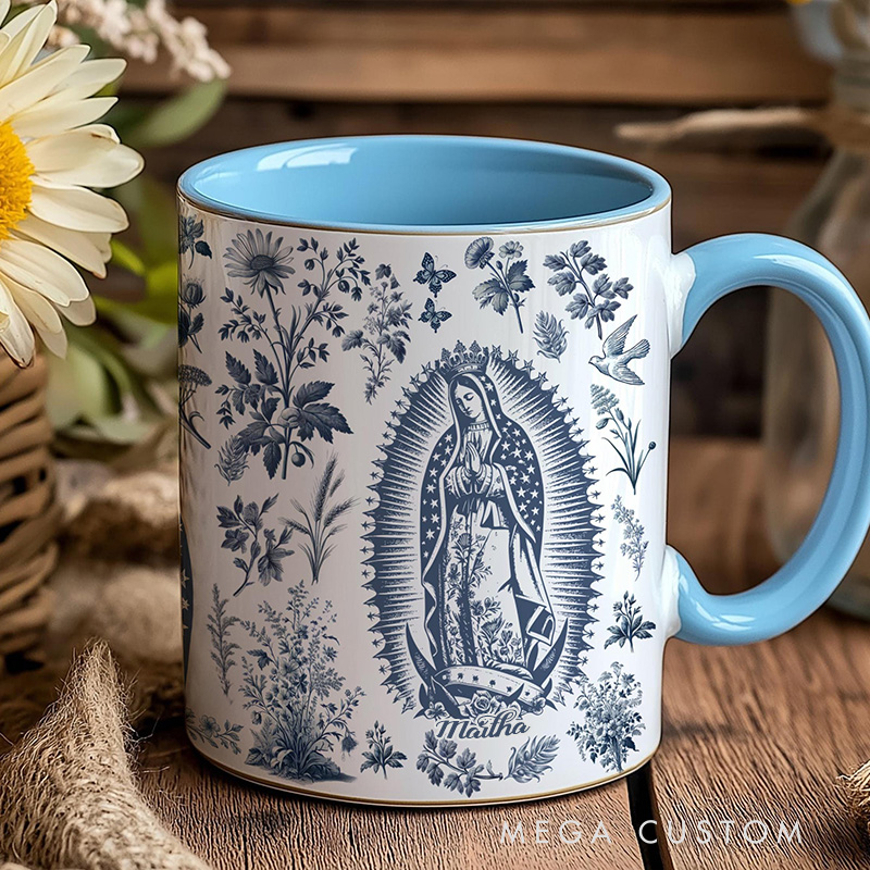 Personalized Our Lady of Guadalupe 11oz Ceramic Mug with Name French Toile Virgin Mary Catholic Mug Religious Marian Coffee Cup Catholic Gift