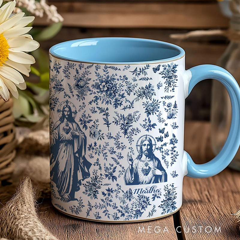 Personalized Sacred Heart of Jesus 11oz Ceramic Mug with Name Blue Toile Coffee Cup Christian Prayer Faith Tea Mug Catholic Gift for Mom or Grandma