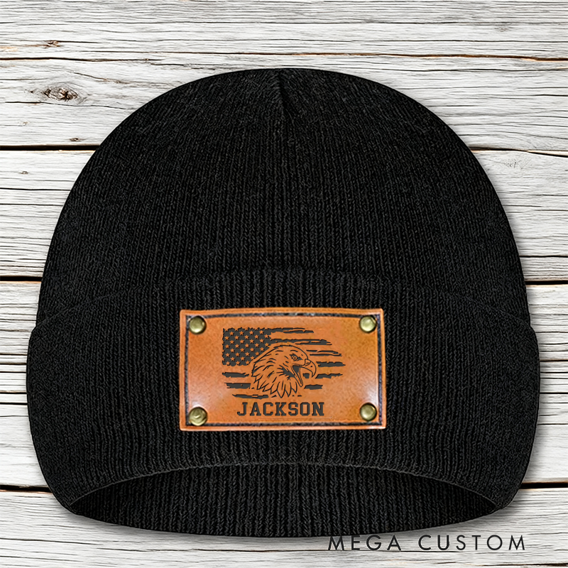 Personalized Eagle Design Beanie with Custom Name and Leather Patch Thoughtful Gift for Law Enforcement Officers
