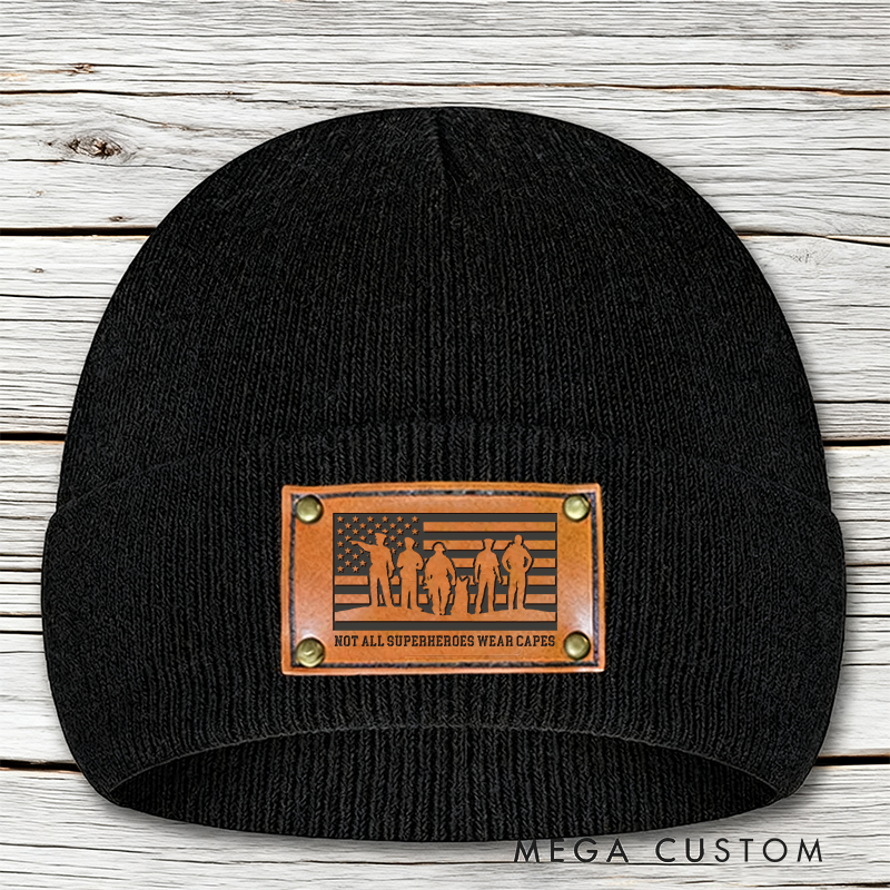 Personalized Custom text Beanie with Leather Patch Design Unique Gift for Police Officer 