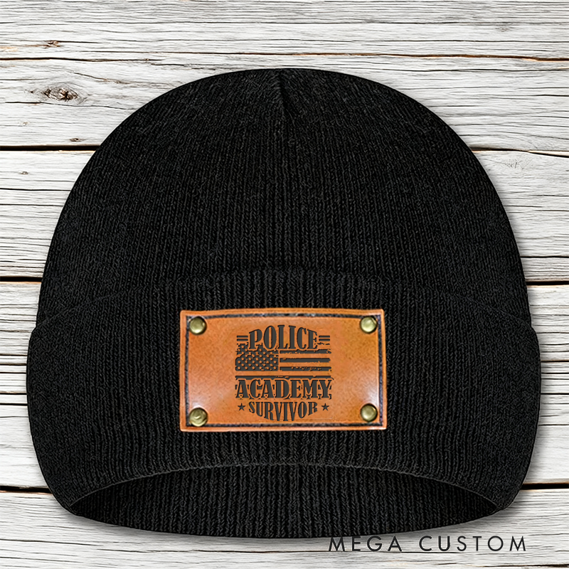 Personalized Police Academy Survivor Beanie with Leather Patch Design Unique Gift for Law Enforcement Graduates