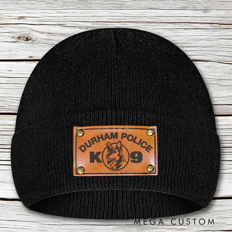 Personalized Police K9 Unit Beanie with Leather Patch Design Custom Gift for Law Enforcement and Dog Handlers