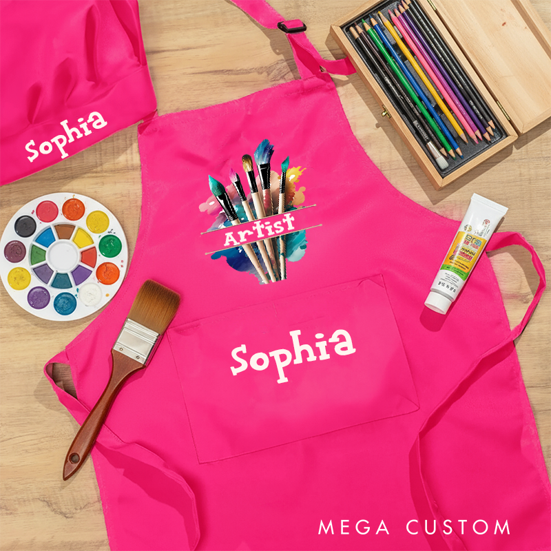 Personalized Paintbrush Design Kids Art Apron Art Party Apron Chef Hat Set with Name Cooking Handcraft Activities Birthday Holiday Gift for Kids