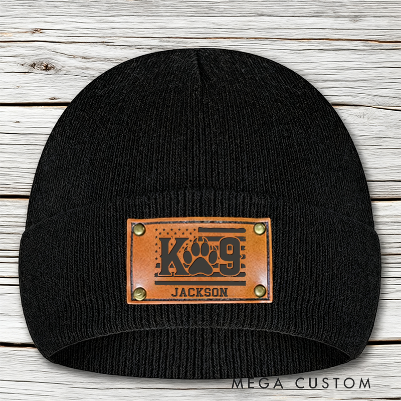 Personalized K9 Unit Beanie Leather Patch Design Unique Gift for Dog Handlers and Law Enforcement