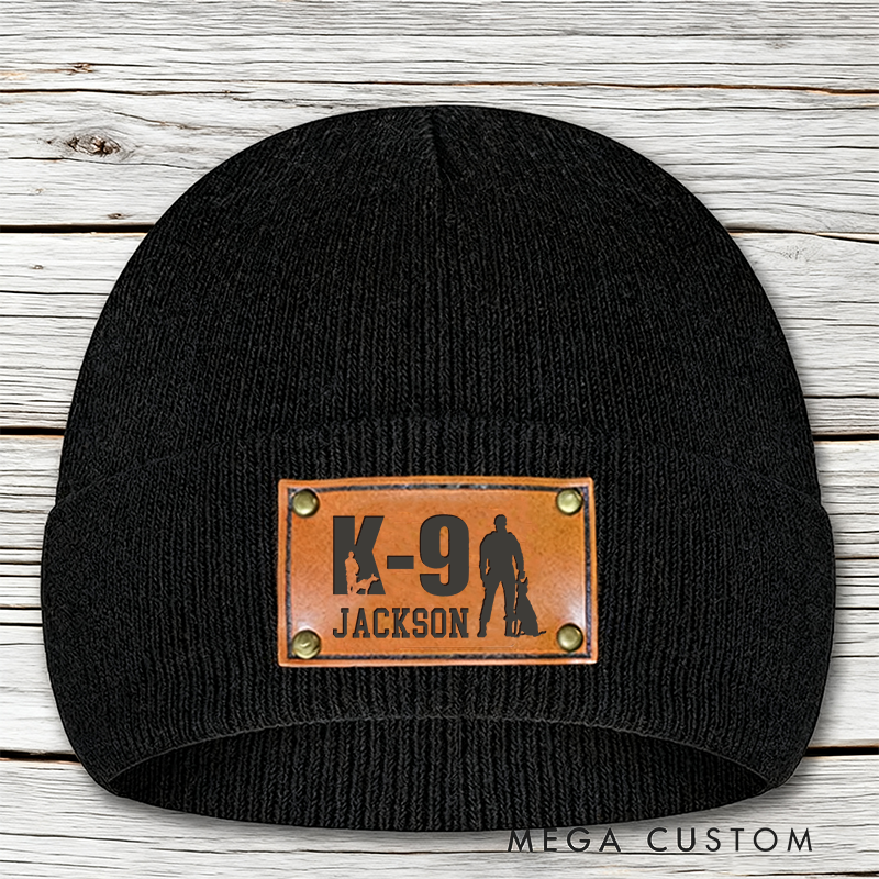 Personalized K9 Unit Beanie Leather Patch Design Unique Gift for Dog Handlers and Law Enforcement