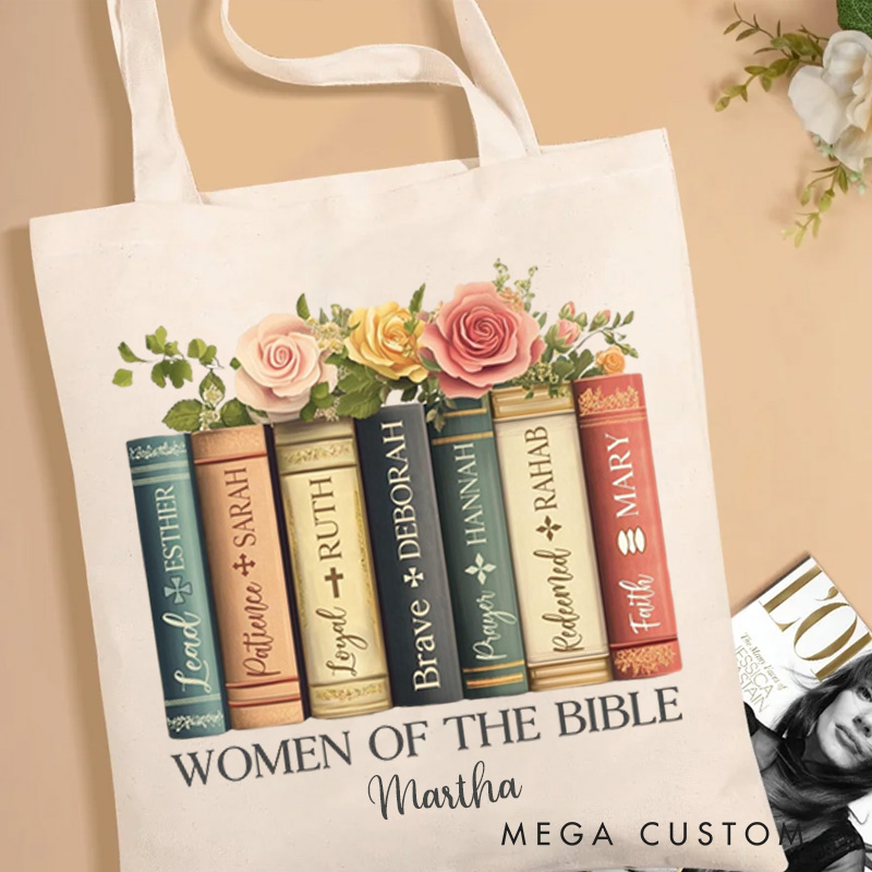 Personalized Women of the Bible Canvas Tote Bag with Name Church Bible Study Daily Use Floral Christian Book Tote Birthday Religious Gift for Women