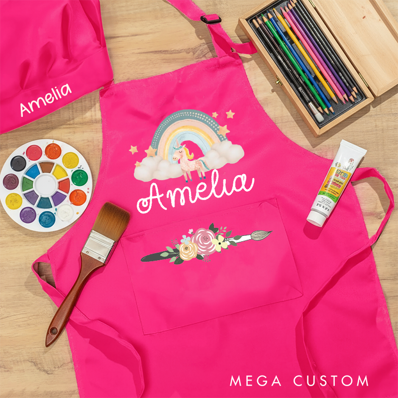 Personalized Dream Lands Kids Art Apron Art Party Apron Chef Hat Set with Name Cooking Handcraft Activities Birthday Holiday Gift for Kids