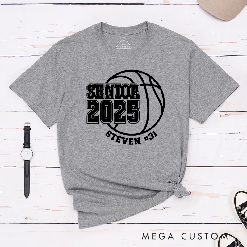 Personalized Senior 2025 Basketball T-Shirt with Custom Name and Jersey Number Featuring a Classic Basketball Graphic for a Trendy School Spirit Look