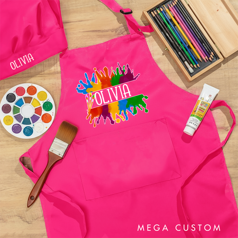 Personalized Vibrant Paint Splash Kids Art Apron Art Party Apron Chef Hat Set with Name Cooking Handcraft Activities Birthday Holiday Gift for Kids