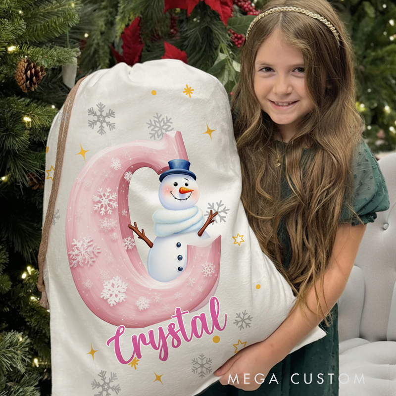 Personalized Snowman Christmas Gift Bag Custom Initial & Name Holiday Sack