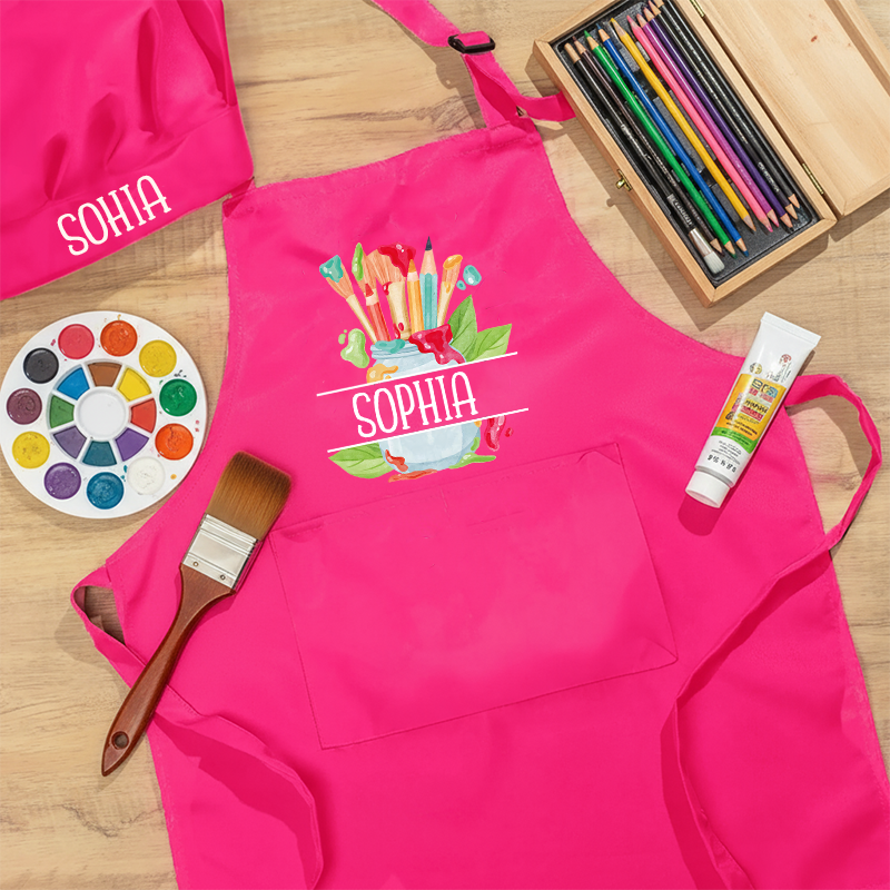 Personalized Watercolor Set Kids Art Apron Art Party Apron Chef Hat Set with Name Cooking Handcraft Activities Birthday Holiday Gift for Kids