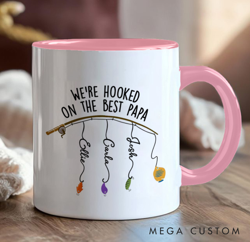 Personalized Fishing Themed Mug Hooked on the Best Mug Fathers Day Gift Cusrtom Kids' Names Perfect Gift for Dad Father’s Day or Birthday