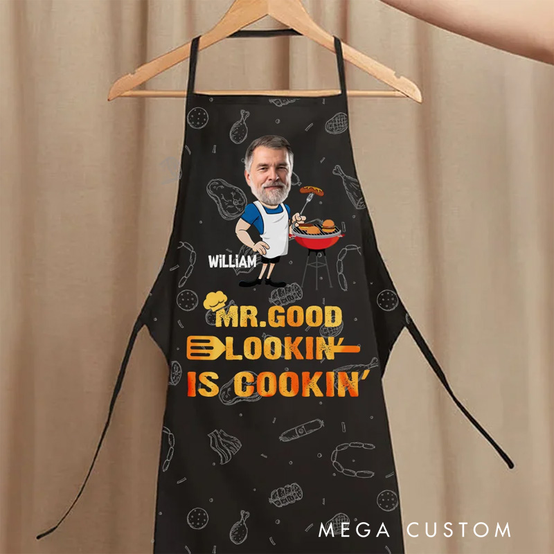 Personalized Funny MR. GOOD LOOKIN Face Photo Barbecue Waterproof Adjustable Men's Apron with Name Father's Day Birthday Gift for Man BBQ Master