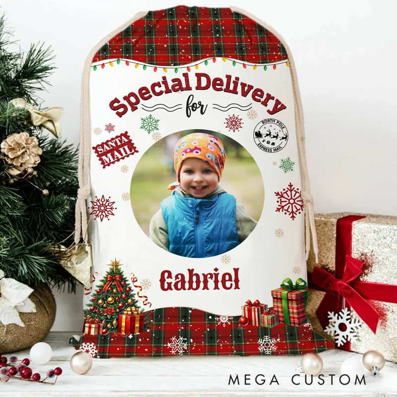 Personalized Christmas Tree Snowflake Checkered Christmas Gift Bag with Name and Photo Christmas Gift for Boys Girls