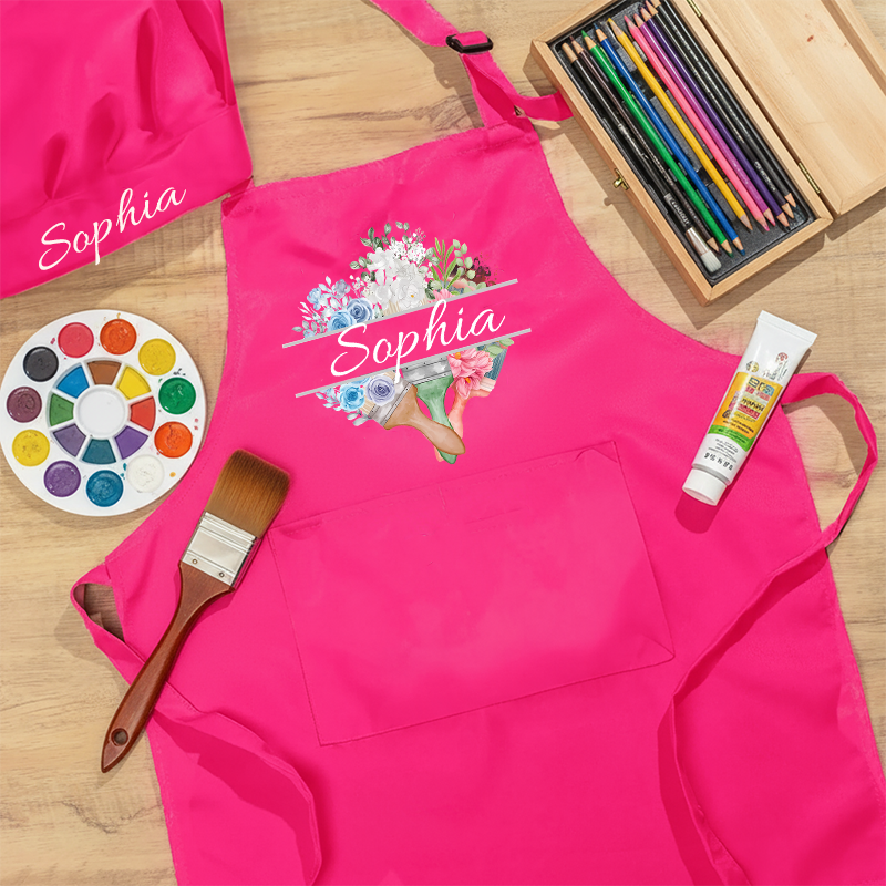 Personalized Flora Brush Kids Art Apron Art Party Apron Chef Hat Set with Name Cooking Handcraft Activities Birthday Holiday Gift for Kids
