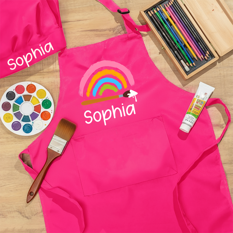 Personalized Art Rainbow Kids Art Apron Art Party Apron Chef Hat Set with Name Cooking Handcraft Activities Birthday Holiday Gift for Kids