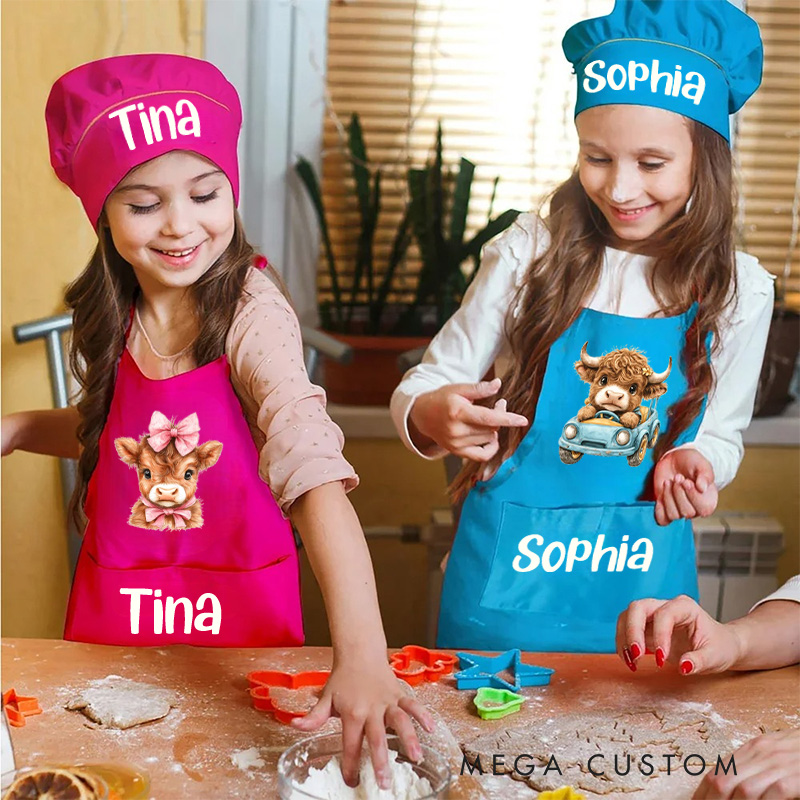 Personalized Animal Adventure Apron with Custom Name and Playful Blue Pink Highland Cow for Fun Baking Activities Kid Apron Gift for Kids