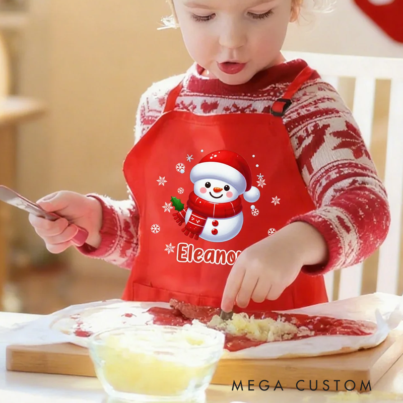 Personalized Cute Christmas Snowman Adjustable Kid Apron Chef Hat Set with Name and Pocket for Cooking Holiday Christmas Gift for Boys Girls