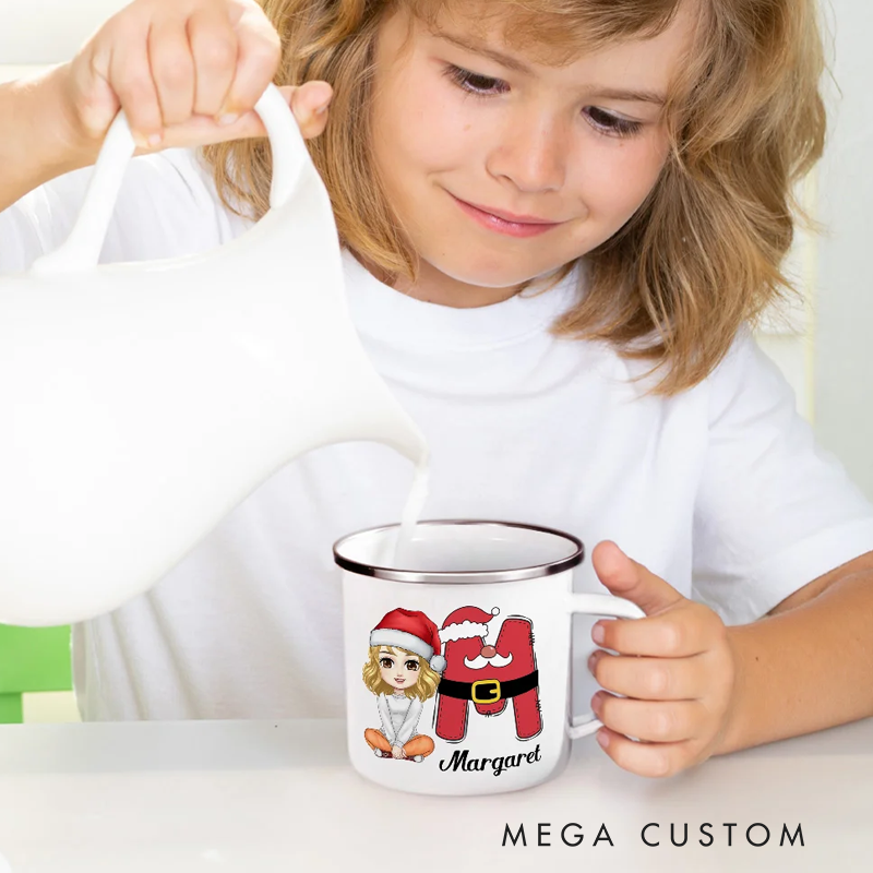 Personalized Santa Elf Reindeer Snowman Initial Cartoon 12oz Colored Rim Enamel Mug with Name Christmas Festival Gift for Kids Family