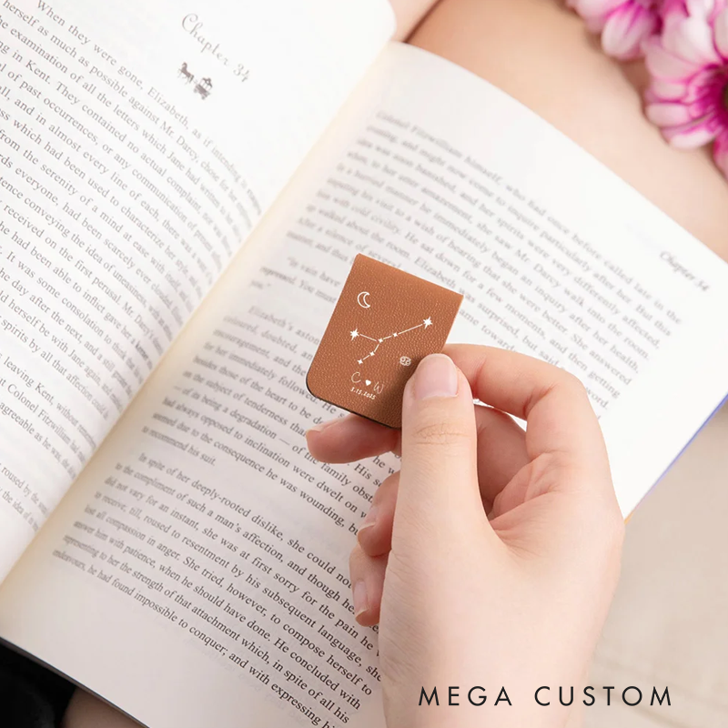 Personalized Zodiac Sign Design Magnetic Leather Bookmark Clip with Engraved Name and Initial Birthday Gift for Book Lovers Bookworm