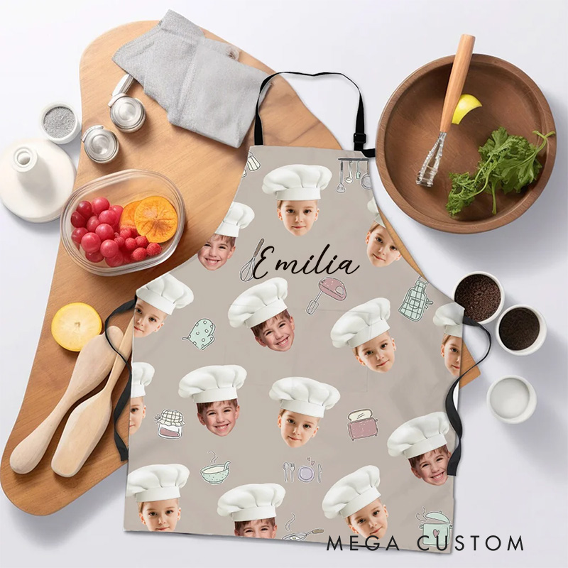 Personalized Cute 1-3 Chef Hat Photos Avatar Apron with Adjustable Neck Strap Baking Apron with Name for Family Baking Lover