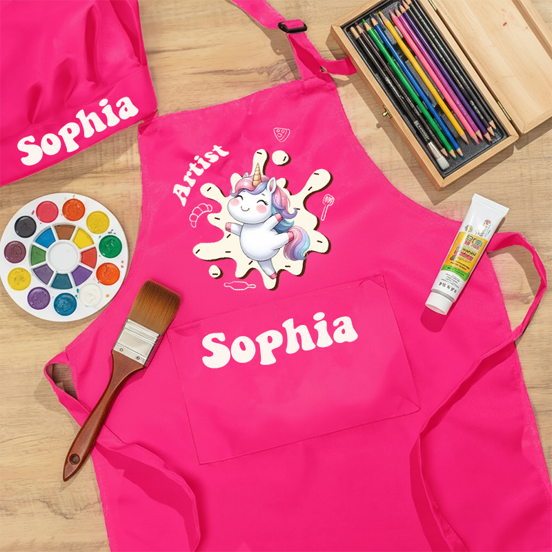 Personalized Cartoon Animal Kids Art Apron Fantasy Unicorn Kid Apron Hat Set with Name Cooking Handcraft Activities Birthday Holiday Gift for Kids
