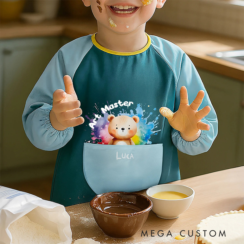 Personalized Watercolor Animal Kids Art Apron Long Sleeve Kid Apron with Name Painting Handcraft Activities Birthday Holiday Gift for Kids
