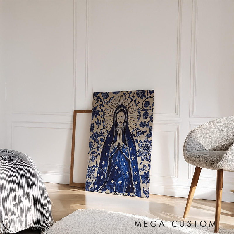 Personalized Our Lady of Guadalupe Frameless Canvas Painting with Name Vintage Blue Beige Catholic Canvas Spiritual Virgin Mary Wall Decor for Prayer