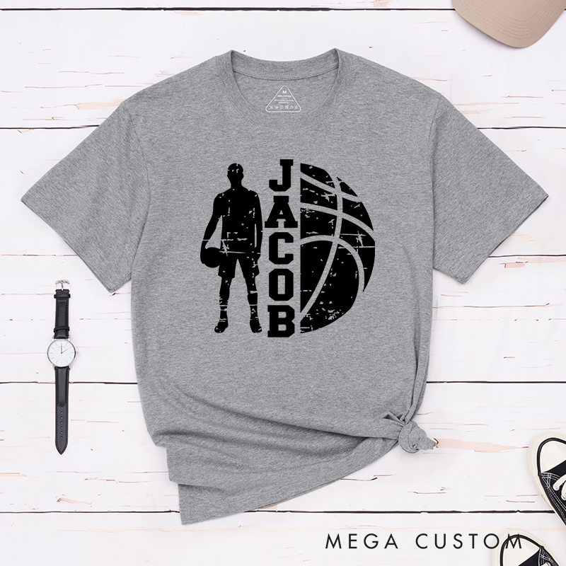Personalized Basketball T-Shirt Design Featuring Player Silhouette Bold Basketball Graphic and Custom Name for Sports Fans