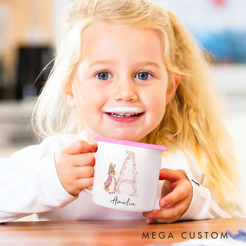 Personalized Flora Cute Rabbit Bunny Enamel Mug with Initial and Name Back to School Birthday Easter Gift for Kids