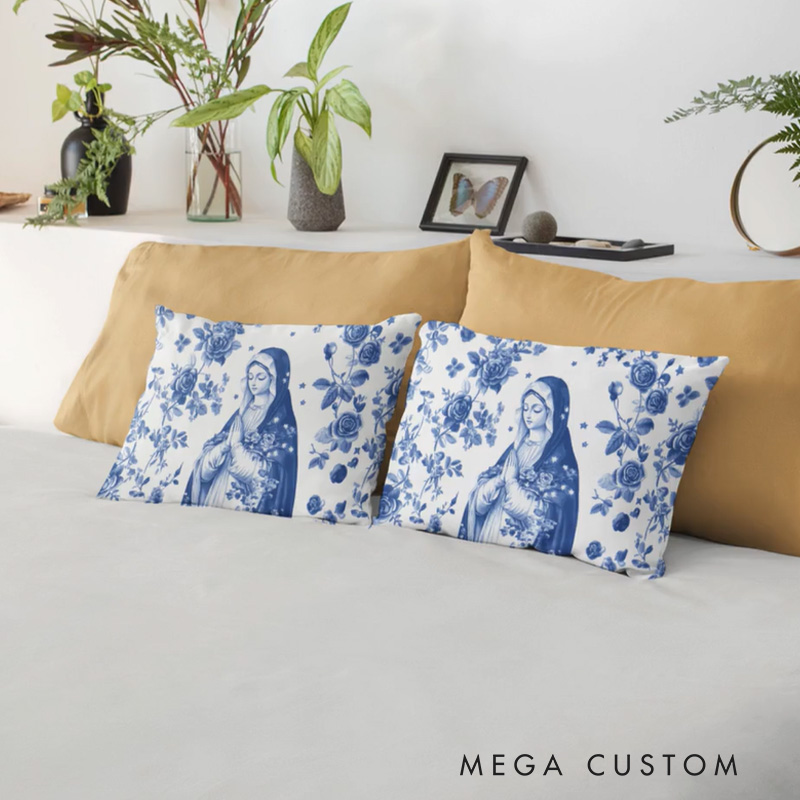 Personalized Virgin Mary Pillow with Name Religious Prayer Home Decor Blue Toile Style Catholic Lumbar Pillow Catholic Gifts for Women Mom