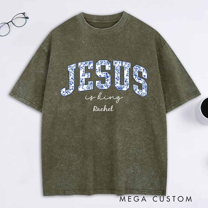 Personalized Jesus is King Toile Washed T-Shirt with Name Vintage Floral Christian Tee Religious Christian Gift