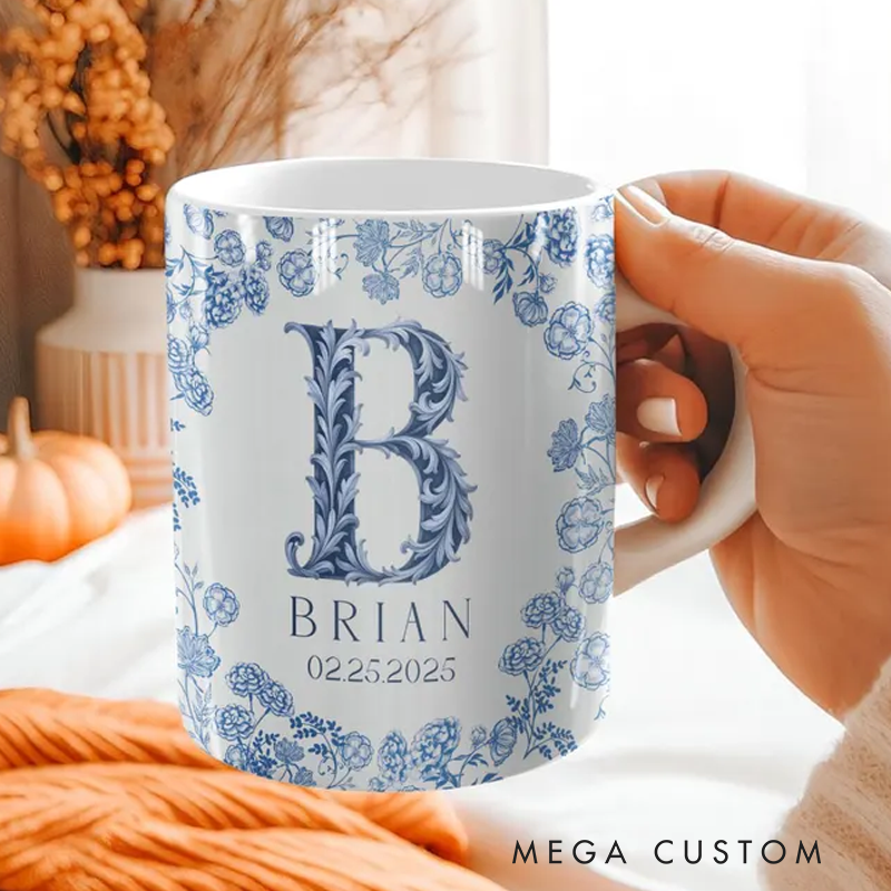 Personalized Monogram Mug Custom Name Mug Initial Letter Coffee Mug Blue Toile Mug 