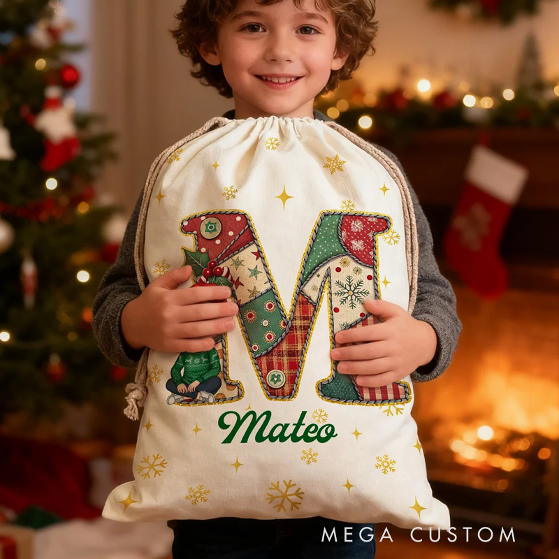 Personalized Christmas Cartoon Character Initial Canvas Drawstring Bag with Name Christmas 