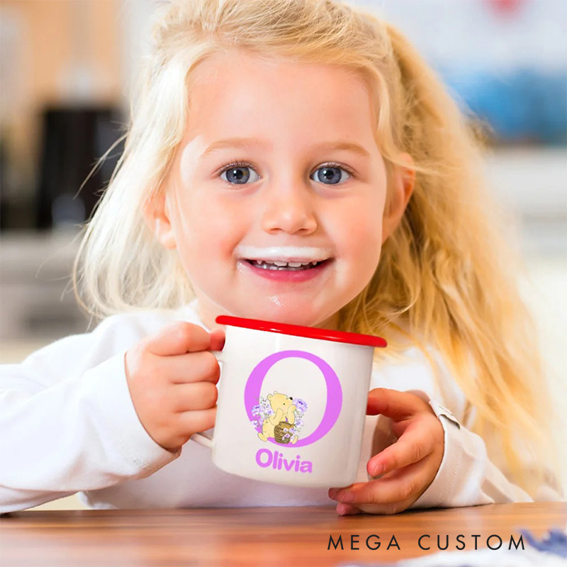 Personalized Cute Classic Bear Enamel Mug with Initial and Name Back to School Birthday Easter Gift for Kids