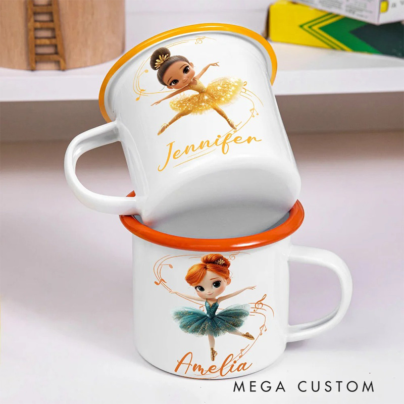 Personalized Cute Cartoon Ballet Girl Dance Lover Enamel Mug with Initial and Name Back to School Birthday Gift for Kids