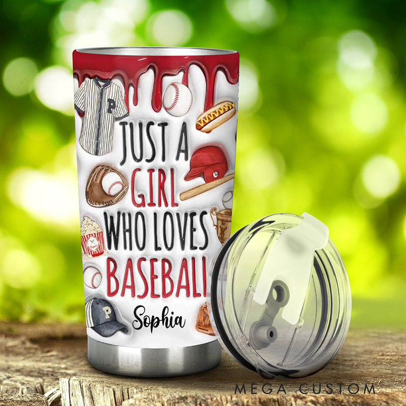 Personalized Baseball Tumbler with "Just a Girl Who Loves Baseball" Design and Custom Name