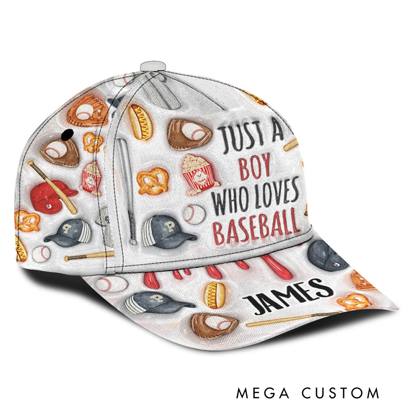 Personalized Baseball Cap with "Just a Boy Who Loves Baseball" Design and Custom Name