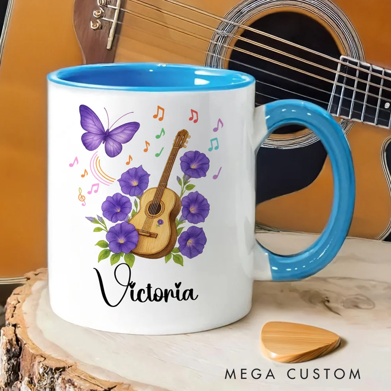 Personalized Guitar Birth Flower Butterfly Music Symbol 11 oz Ceramic Mug with Name Music Festivals Birthday Gift for Music Lovers