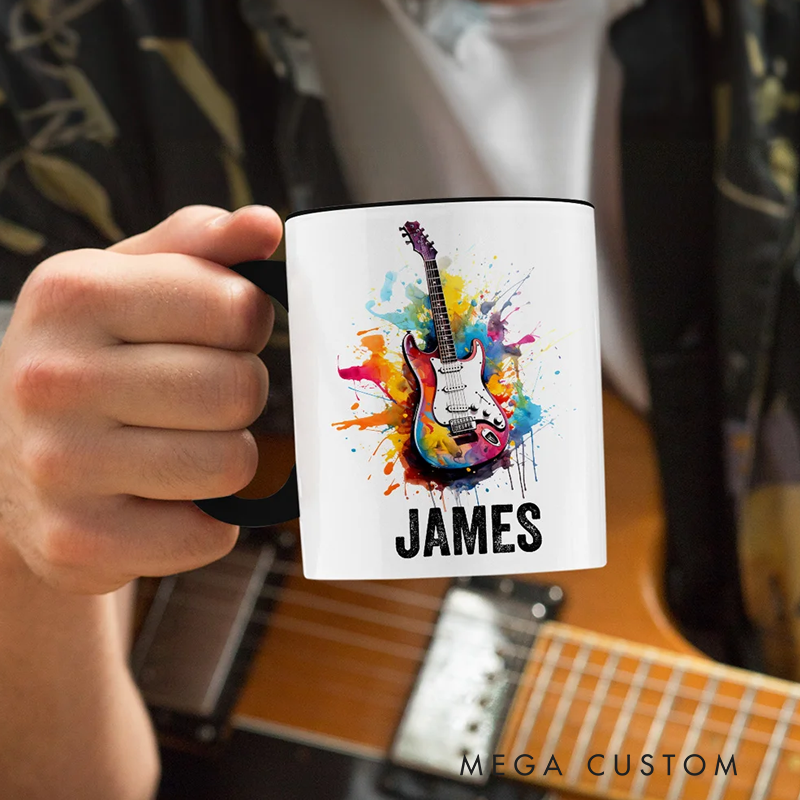 Personalized Colorful Splash Ink Guitar Theme 11oz Ceramic Mug with Name and Handle Birthday Gift for Guitar Players Lovers