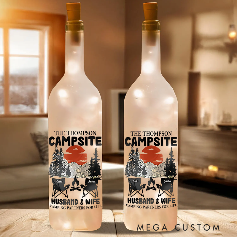 Personalized Bottle Lamp Husband & Wife Camping Partners Lighted Wine Bottle Lamp Gift for Couple Camping Lover