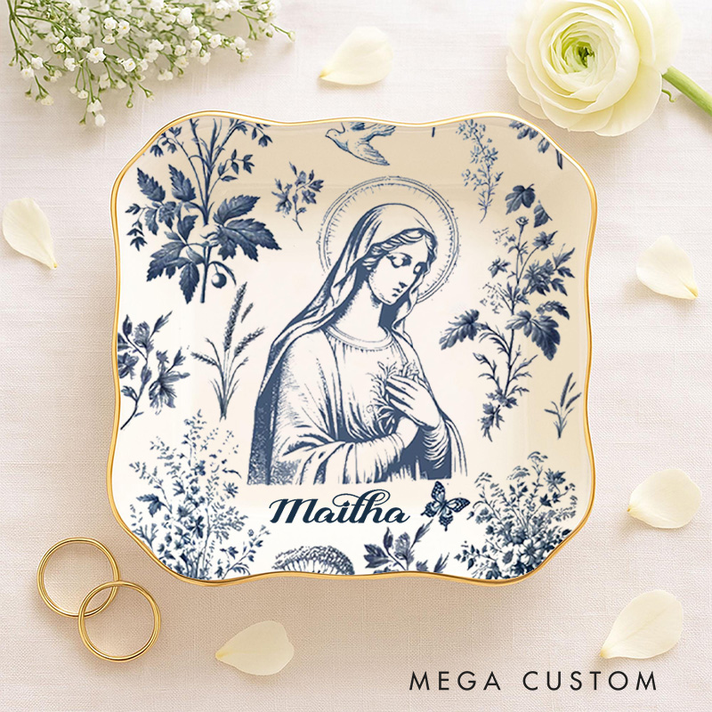 Personalized Catholic Virgin Mary Toile Ceramic Ring Dish with Name Our Lady Trinket Jewelry Dish Vintage Floral Marian Dish Christian Gift for Women