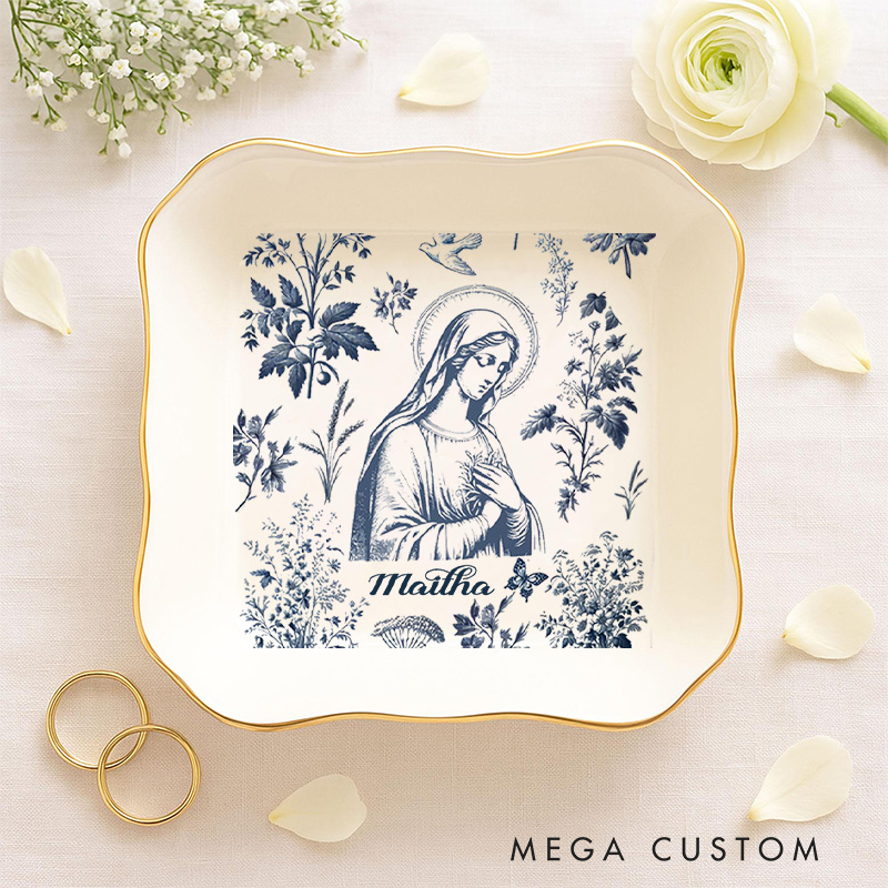 Personalized Catholic Virgin Mary Toile Ceramic Trinket Jewelry Dish with Name Our Lady Vintage Ring Dish Floral Marian Dish Christian Gift for Women